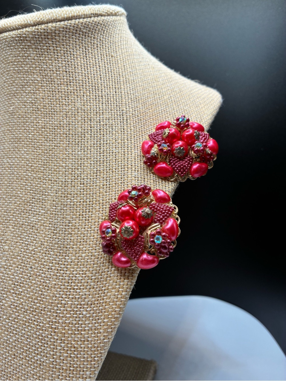Vintage Rhinestone & Pink Cluster Clip-On Earrings - Brand Unspecified